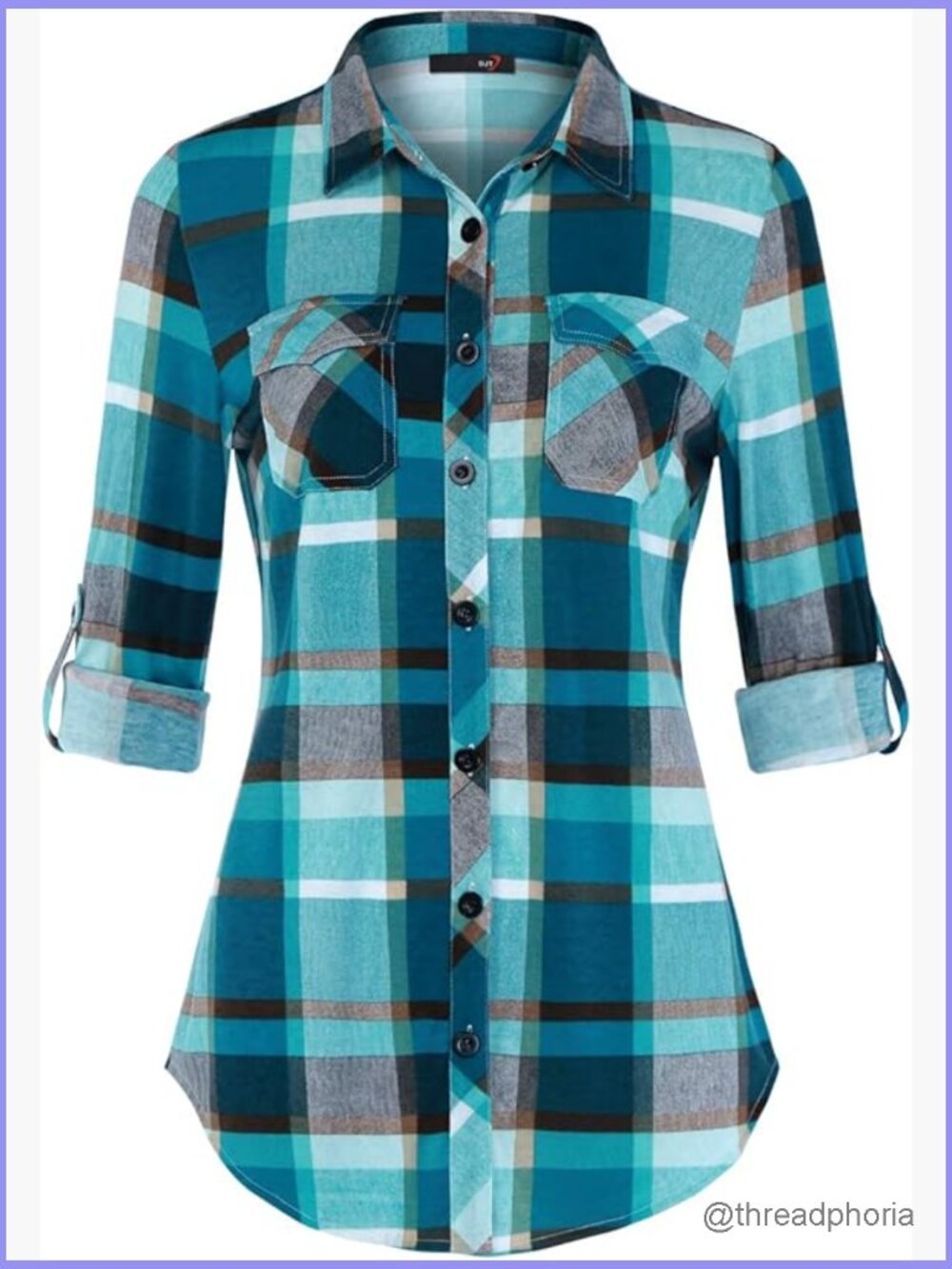 Soft Stretchy Knit Plaid Button Down Blouse Roll Up Long Sleeve